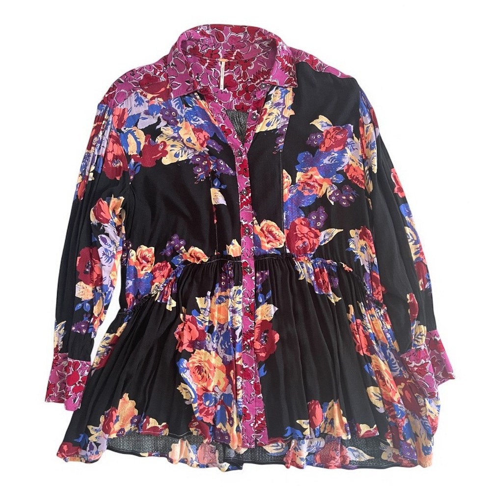Free People Colorful Floral Long Sleeve Button-Up Dress or Oversized Blouse - Picture 2 of 8